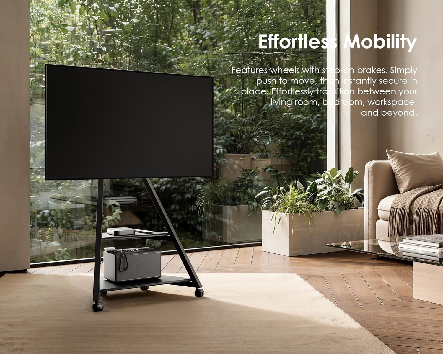 FITUEYES Design TV Ständer Rollbar, Mobiler TV Stand mit Rollen für 32 40 43 55 65 Zoll Flach & Curved Fernseher bis zu 40kg, TV Standfuss höhenverstellbar schwenkbar neigbar, Serie Eiffel