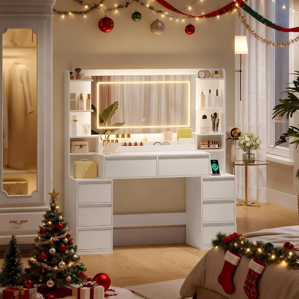 Dressing Table with Large Mirror, Dressing Table and Hair Dryer Holder, 8 Drawers, Open Compartments, 135 × 40 × 145.2 cm, Modern White/Silver Dressing Table