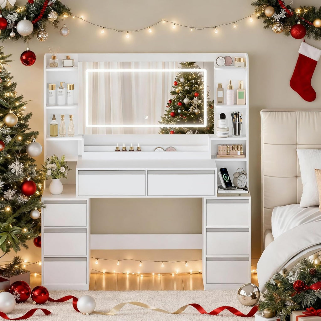 Dressing Table with Large Mirror, Dressing Table and Hair Dryer Holder, 8 Drawers, Open Compartments, 135 × 40 × 145.2 cm, Modern White/Silver Dressing Table