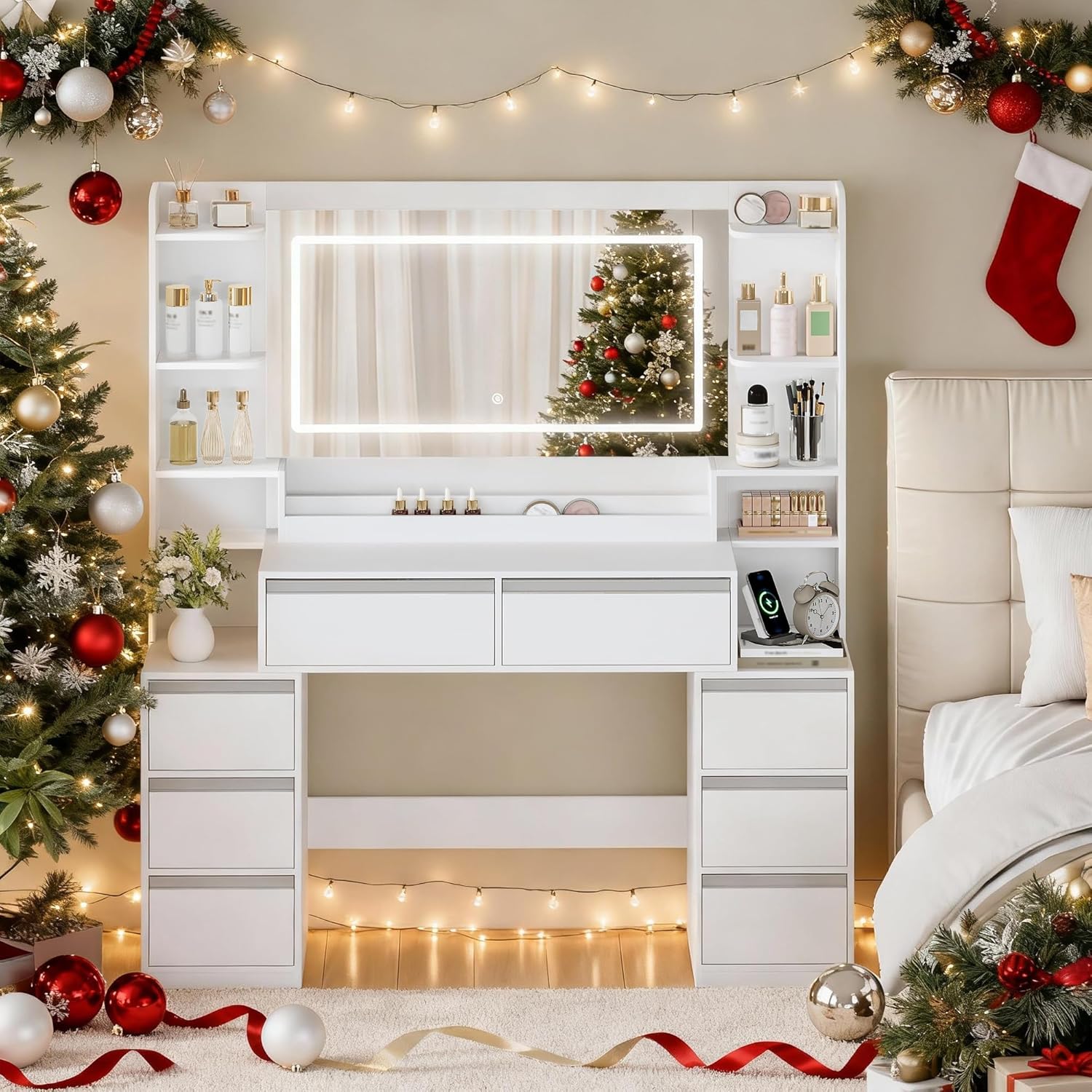 Dressing Table with Large Mirror, Dressing Table and Hair Dryer Holder, 8 Drawers, Open Compartments, 135 × 40 × 145.2 cm, Modern White/Silver Dressing Table