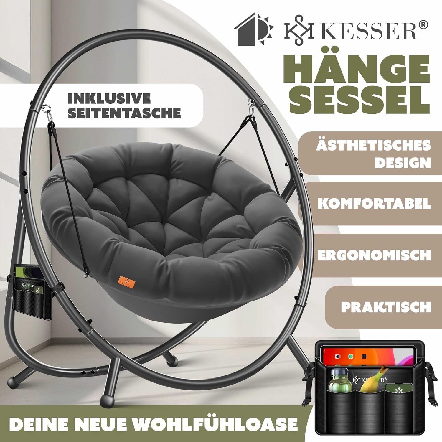 KESSER® Hängesessel mit Gestell Bali Hängeschaukel Hängestuhl bis 150kg für Indoor und Outdoor + Kissen & Seitentasche Hängekorb Stahlgestell & Schaumstoff Sitzpolster ideal für Wohnzimmer & Garten