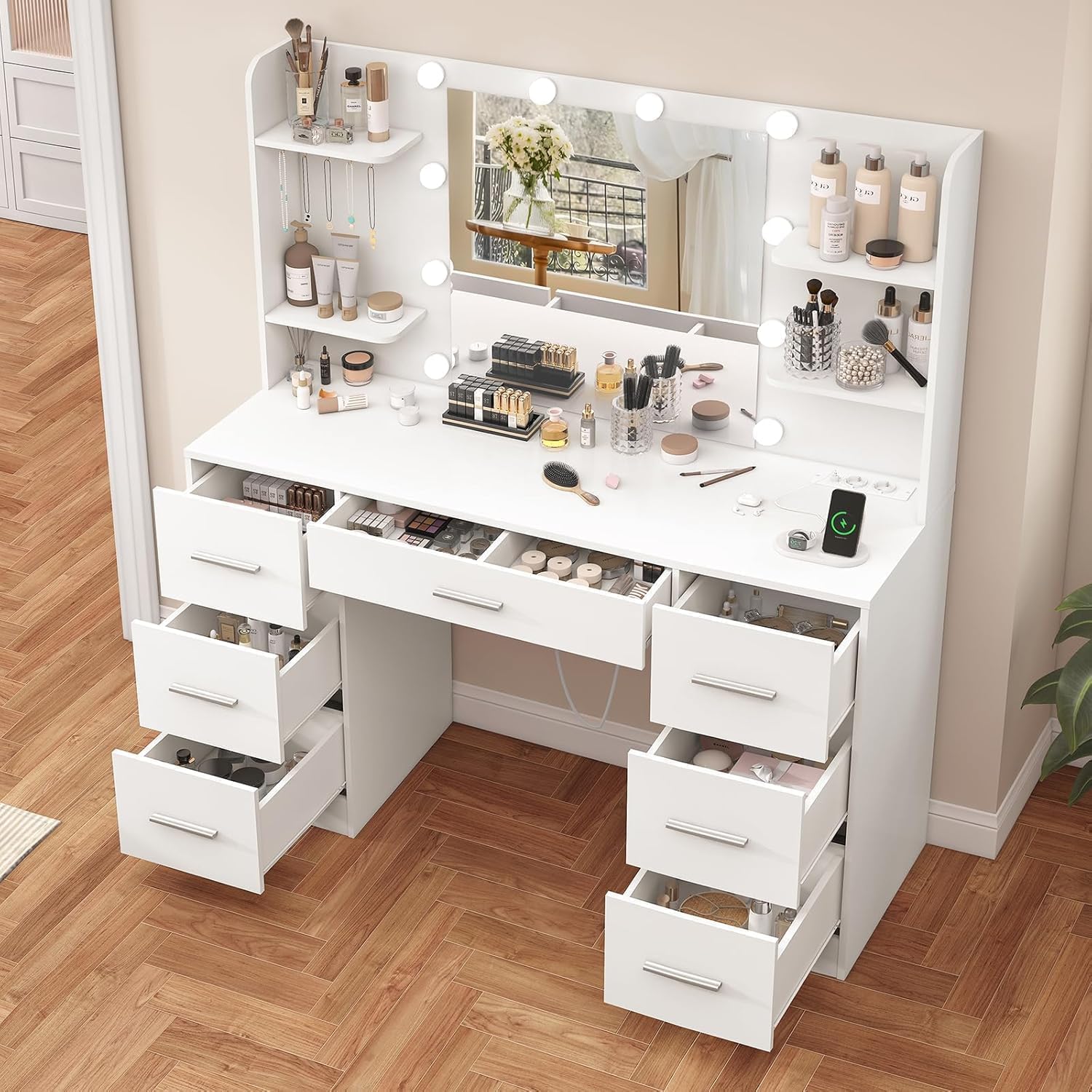 TEENFON Large Dressing Table with Adjustable LED Lighting and Sockets, Dressing Table with Mirror, 7 Drawers, 4 Open Shelves and 5 Jewellery Hooks for Bedroom, White