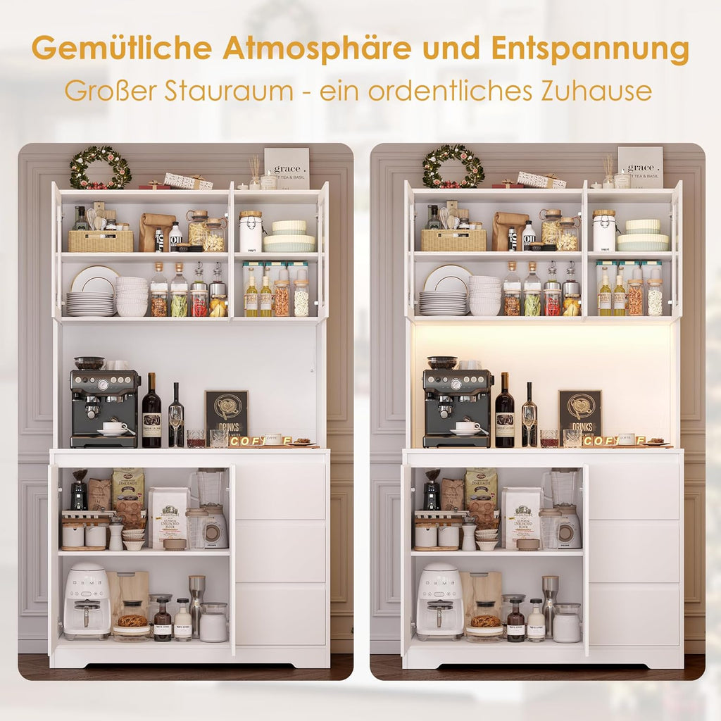 FirFurd Küchenschrank Buffetschrank mit LED Sideboard für Küche mit Steckdosenleiste Küchenschrank mit Arbeitsplatte und 3 Schubladen Küchenbuffet mit Verstellbares Regal 180x100x38.5 cm weiß