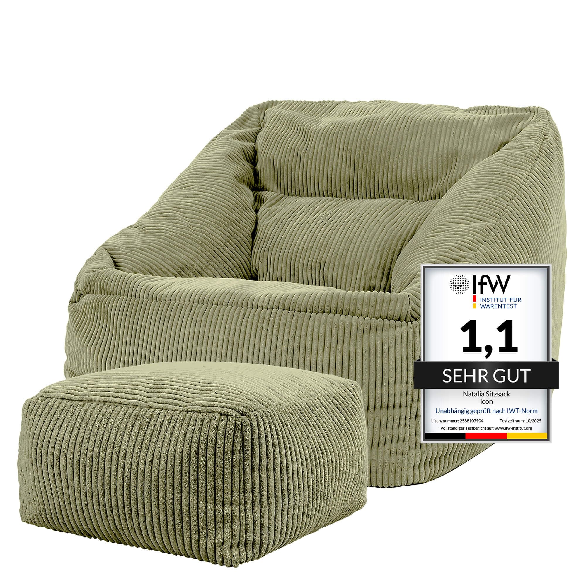 Icon Natalia Sitzsack Sessel mit Hocker für Erwachsene, Beige, Flauschiger Cord Stoff, Riesen Sitzsack Cord mit Füllung, Bean Bag Chair, Bequemer Sessel Wohnzimmer, Lounge, Schlafzimmer, Büro