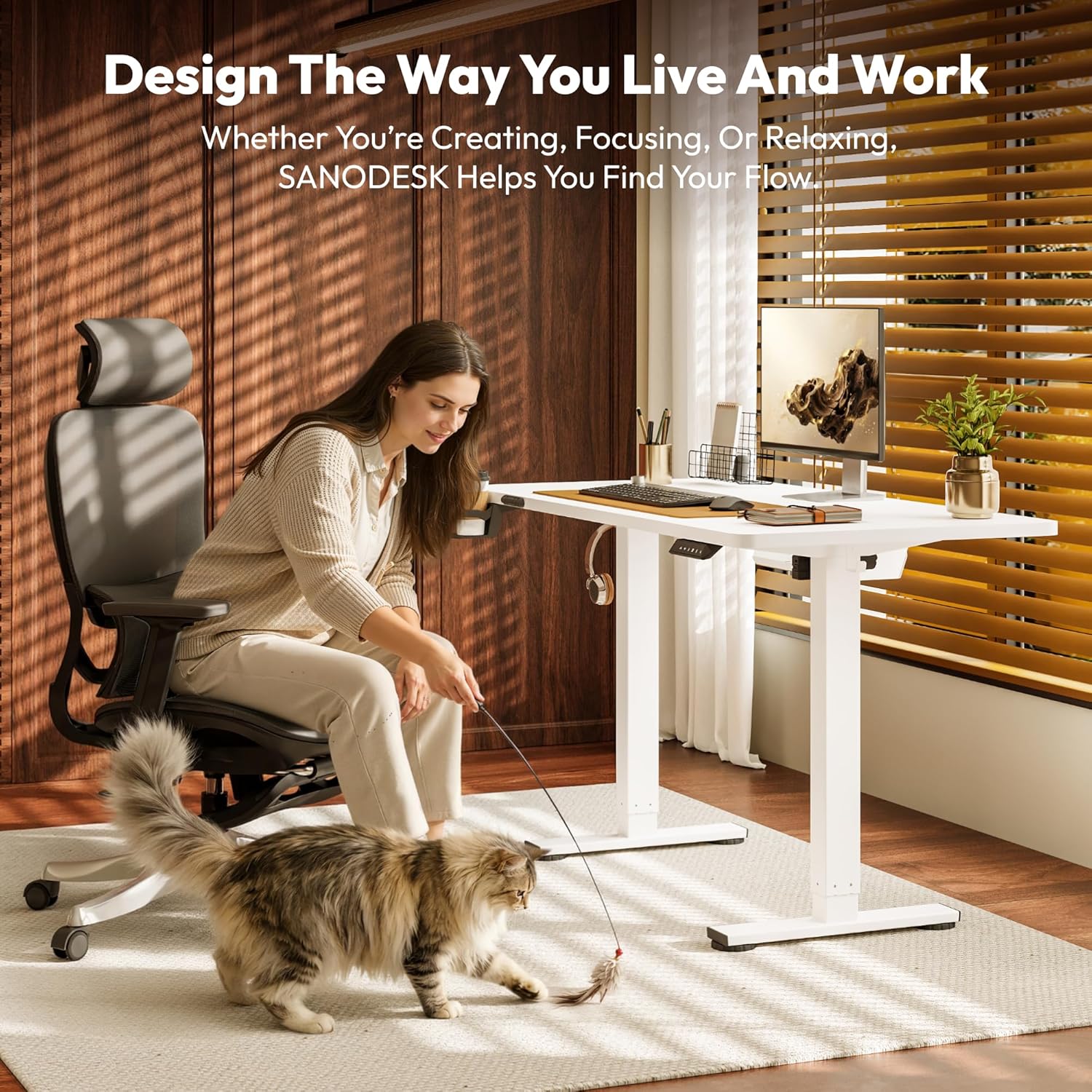 SANODESK Höhenverstellbarer Schreibtisch 110×54 cm – Kompakter Standing Desk mit praktischem Zubehör, ideal für kleine Räume, leise & sicher mit Anti-Kollisions-Schutz(Weiß)