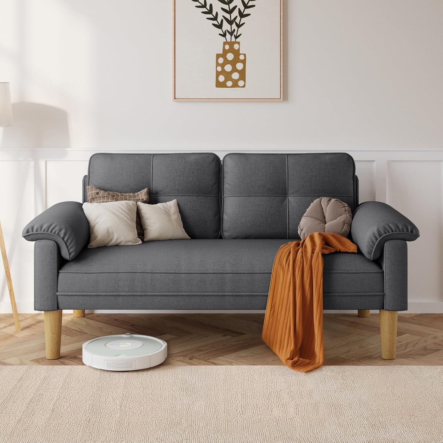 Xbro Sofa 2 Sitzer, Kleine Couch 2 Sitzer mit Armlehne und Seitentasche, Modernes Stoffcouch für Wohnzimmer,Wohnung,Büro,Einfache Montage, 144 x 77 x 77 cm, Dunkelgrau