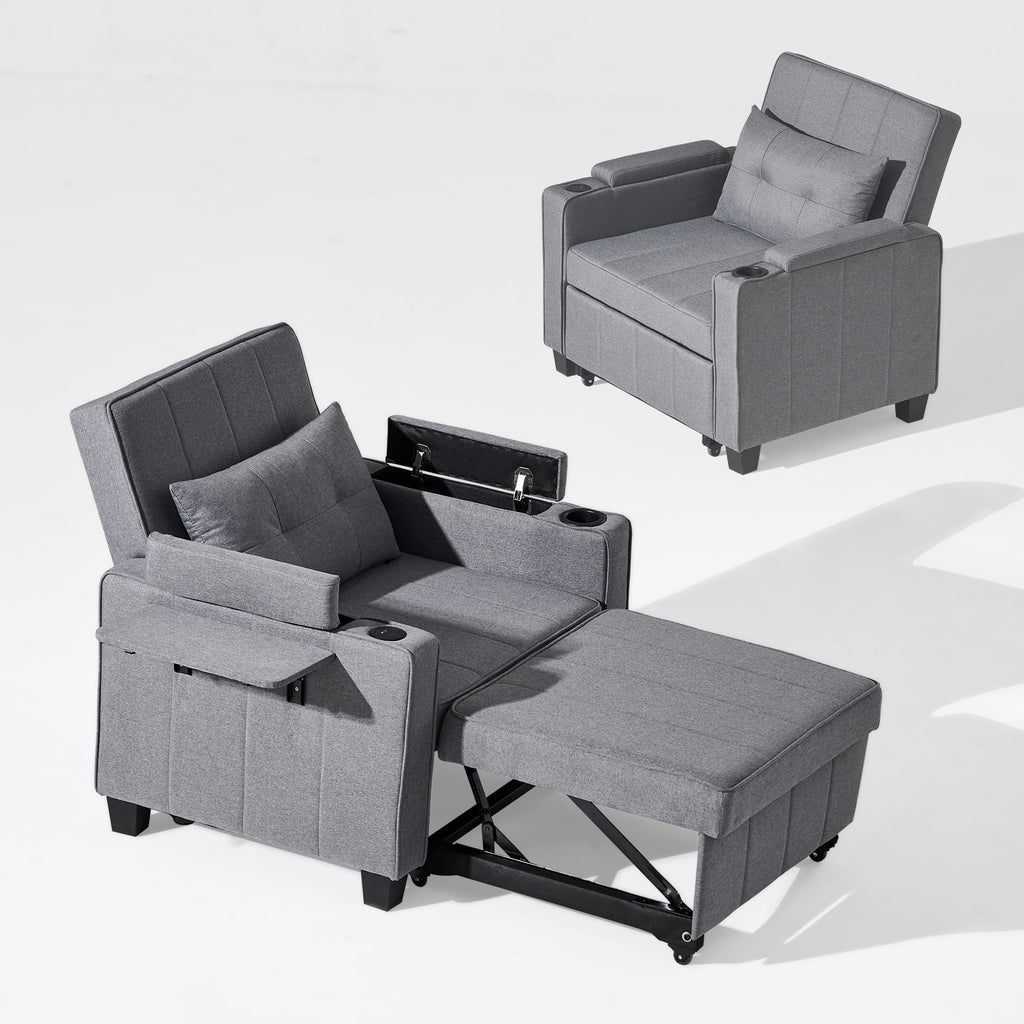 CLIPOP Schlafsofa, 3-in-1 Schlafsessel mit Bettfunktion, Ausziehbarer Sofa mit Schlaffunktion mit USB-C, 3-stufig Verstellbarer Rückenlehne (105°-160°), Stauraum & Getränkehalter (Cordsamt, Grau)