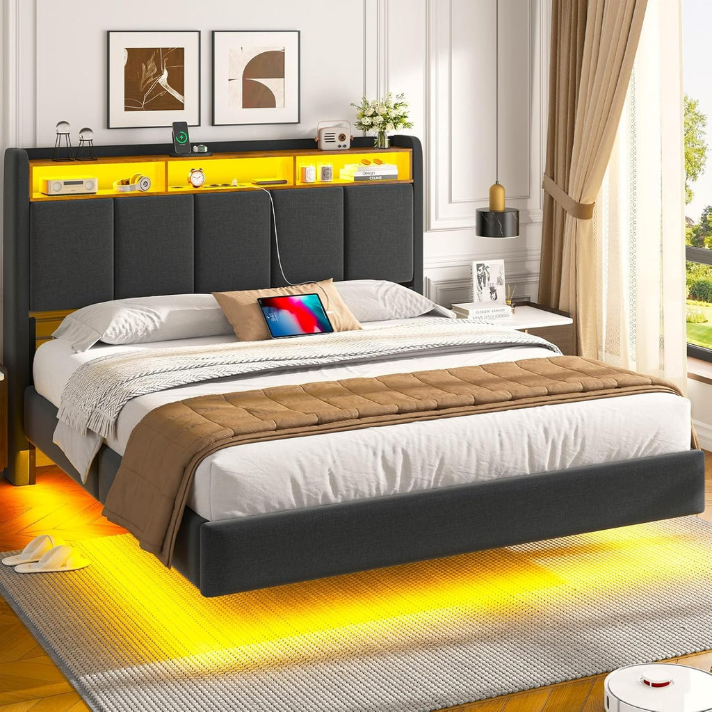 Polsterbett 140x200 cm Schwebebett mit LED-Beleuchtung, Kopfteil und Ladestation(2 AC-Steckdosen, 2 USB-Anschlüsse), Bett 140x200 mit Stauraum, Modern Doppelbett mit lattenrost, Leinen, Grau