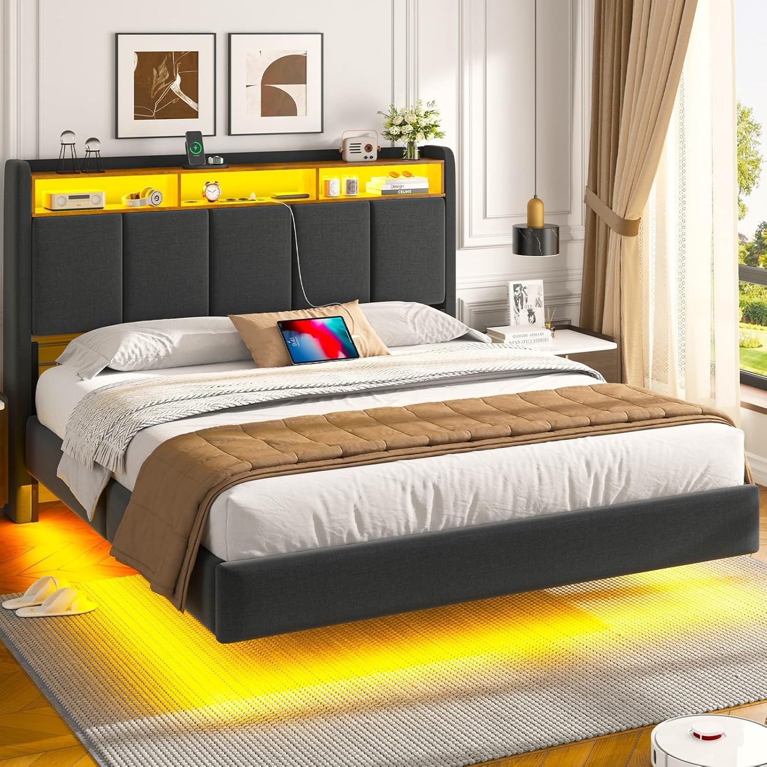 Polsterbett 140x200 cm Schwebebett mit LED-Beleuchtung, Kopfteil und Ladestation(2 AC-Steckdosen, 2 USB-Anschlüsse), Bett 140x200 mit Stauraum, Modern Doppelbett mit lattenrost, Leinen, Grau