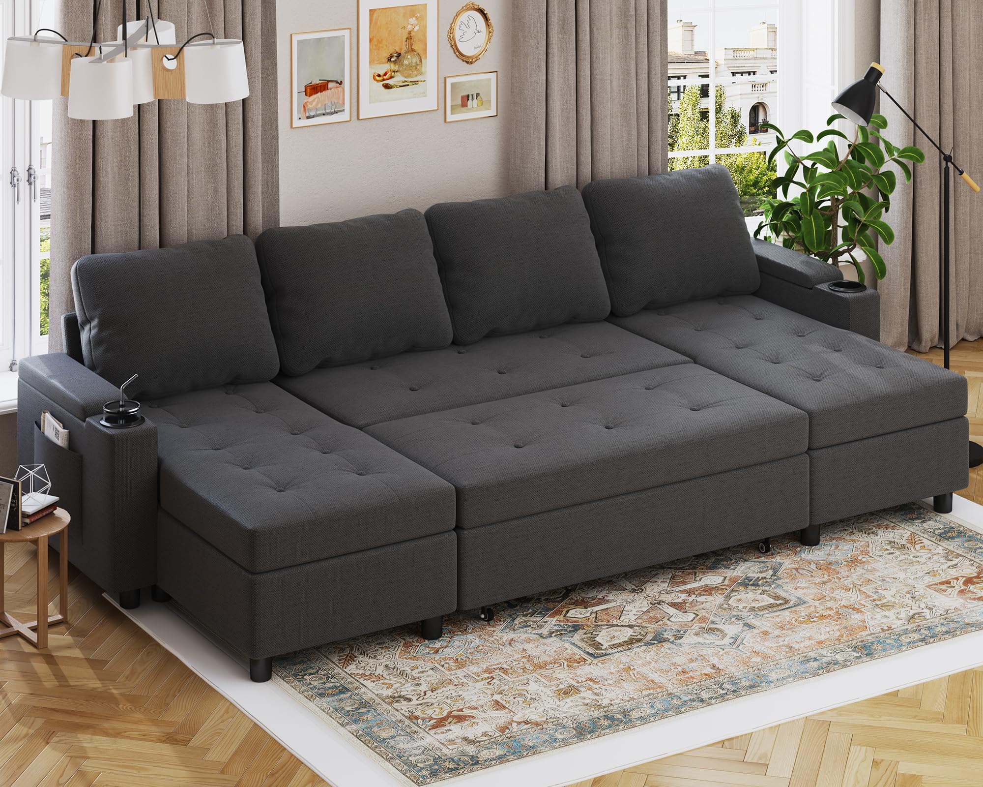 Devoko Ecksofa mit Schlaffunktion und Bettkasten 3 Sitzer Schlafsofa Ausziehbar L Form Couch klein Schlafcouch Wohnlandschaft für Wohnung und Wohnzimmer Dunkelgrau