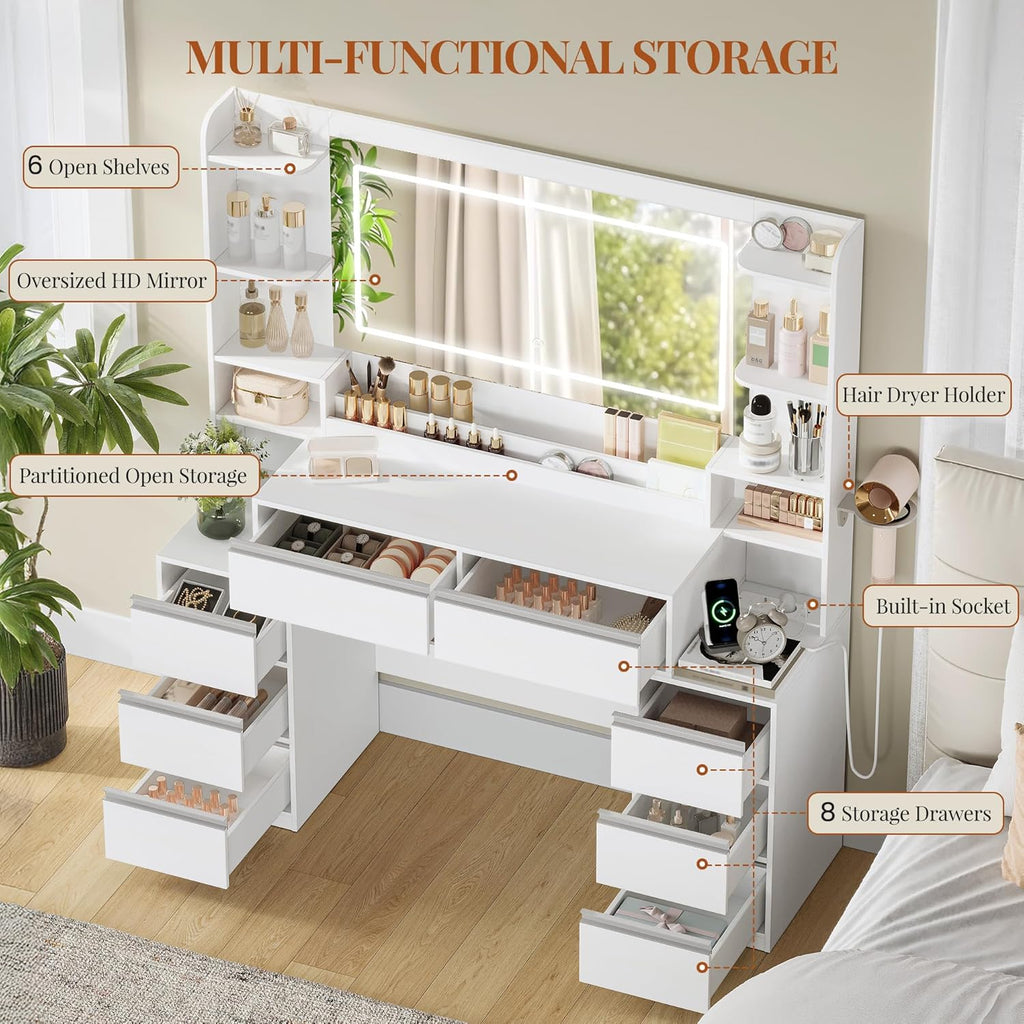 Dressing Table with Large Mirror, Dressing Table and Hair Dryer Holder, 8 Drawers, Open Compartments, 135 × 40 × 145.2 cm, Modern White/Silver Dressing Table