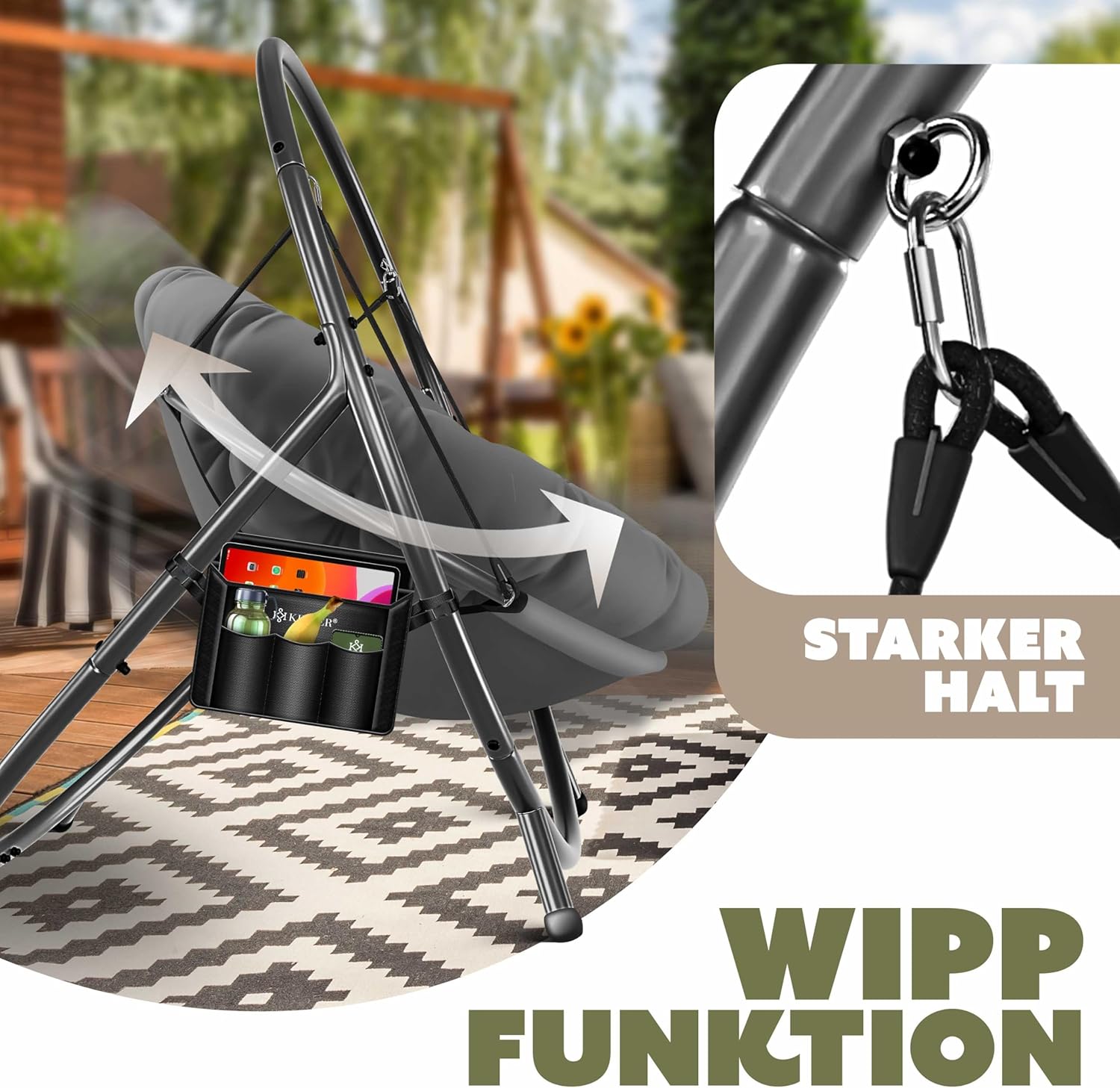 KESSER® Hängesessel mit Gestell Bali Hängeschaukel Hängestuhl bis 150kg für Indoor und Outdoor + Kissen & Seitentasche Hängekorb Stahlgestell & Schaumstoff Sitzpolster ideal für Wohnzimmer & Garten