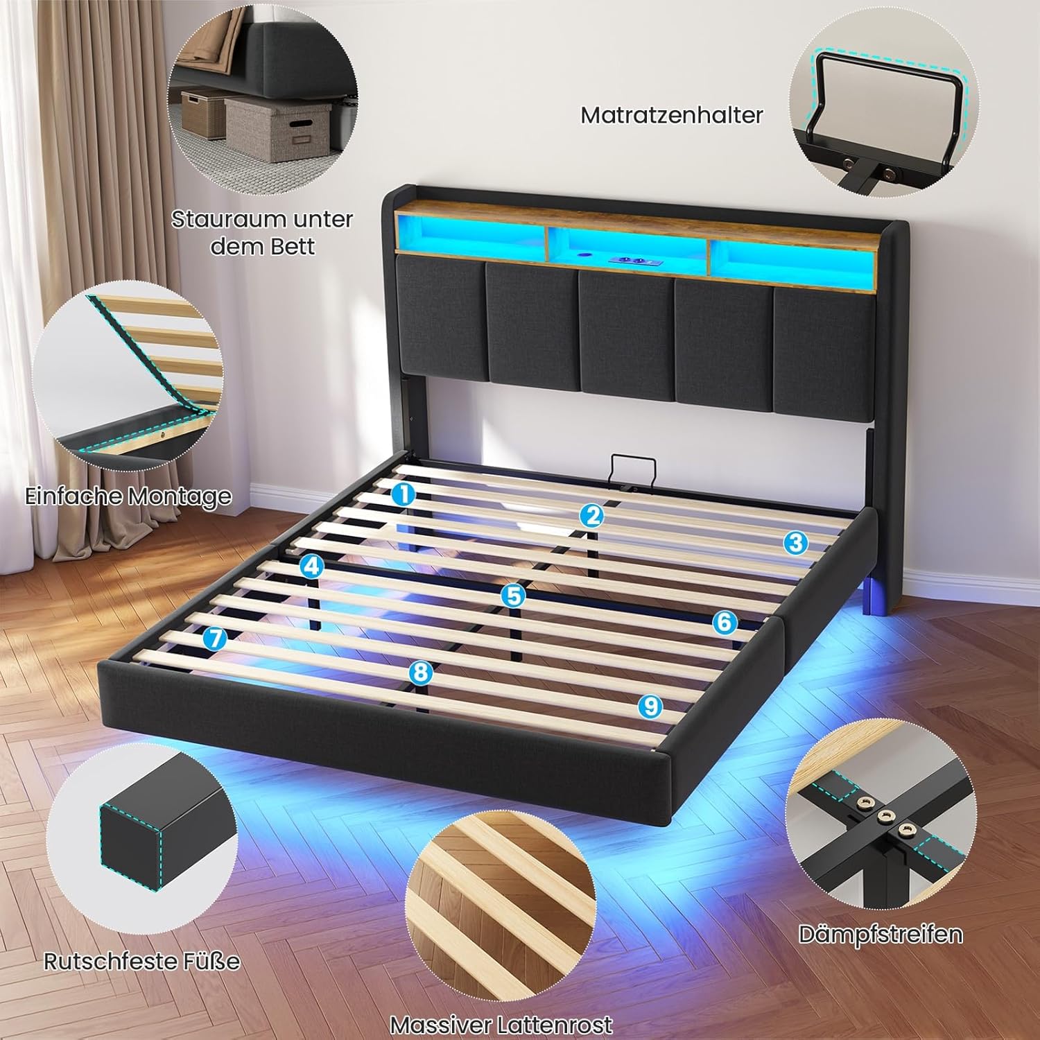Polsterbett 140x200 cm Schwebebett mit LED-Beleuchtung, Kopfteil und Ladestation(2 AC-Steckdosen, 2 USB-Anschlüsse), Bett 140x200 mit Stauraum, Modern Doppelbett mit lattenrost, Leinen, Grau
