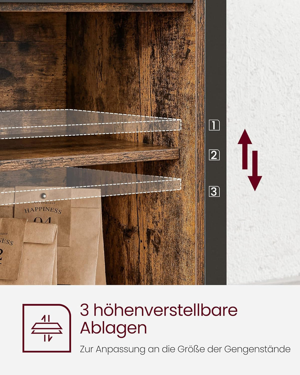 VASAGLE Sideboard, Küchenschrank, Aufbewahrungsschrank, mit 2 Schiebetüren, 33 x 100 x 80 cm, verstellbare Ablagen, Landhausstil, für Wohnzimmer, vintagebraun-schwarz LSC092B01