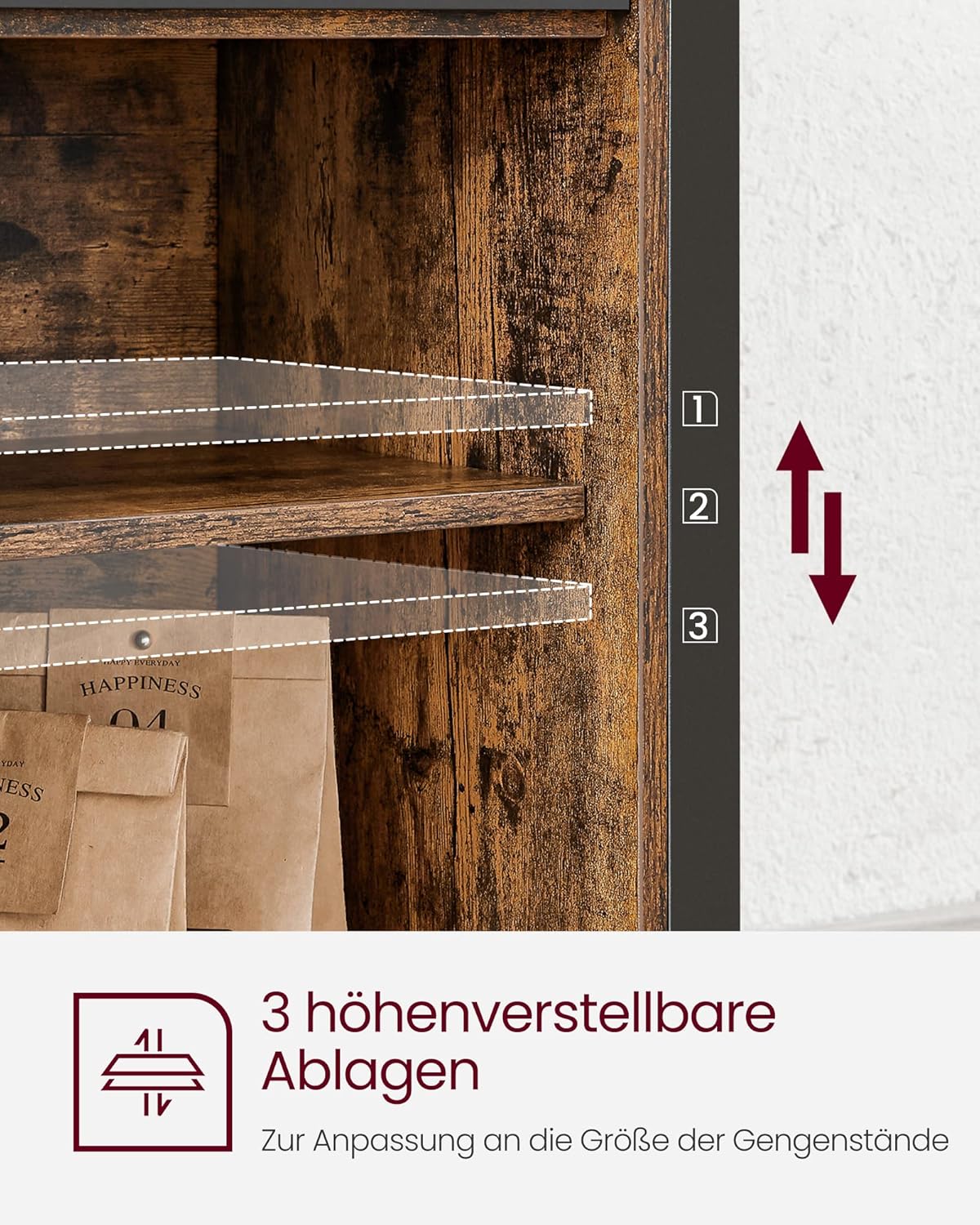 VASAGLE Sideboard, Küchenschrank, Aufbewahrungsschrank, mit 2 Schiebetüren, 33 x 100 x 80 cm, verstellbare Ablagen, Landhausstil, für Wohnzimmer, vintagebraun-schwarz LSC092B01