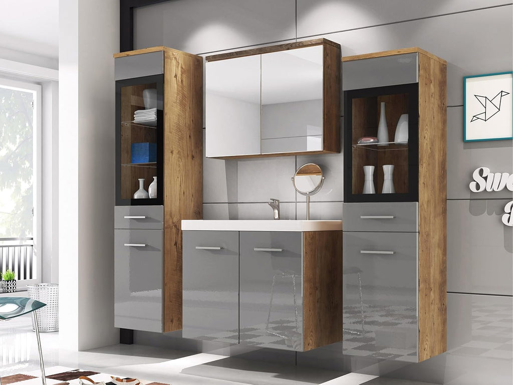 Mirjan24 Badmöbel Set Madrit II mit Waschbecken und Siphon, Komplettprogramme für Spiegelschrank, Waschtisch, Hochschrank (Kastanien Breslau/Grau Hochglanz, ohne Beleuchtung)