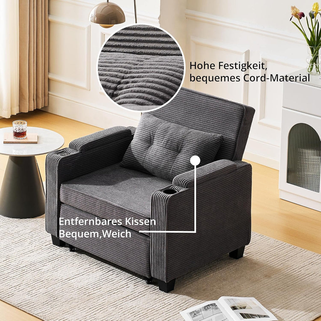 CLIPOP Schlafsofa, 3-in-1 Schlafsessel mit Bettfunktion, Ausziehbarer Sofa mit Schlaffunktion mit USB-C, 3-stufig Verstellbarer Rückenlehne (105°-160°), Stauraum & Getränkehalter (Cordsamt, Grau)