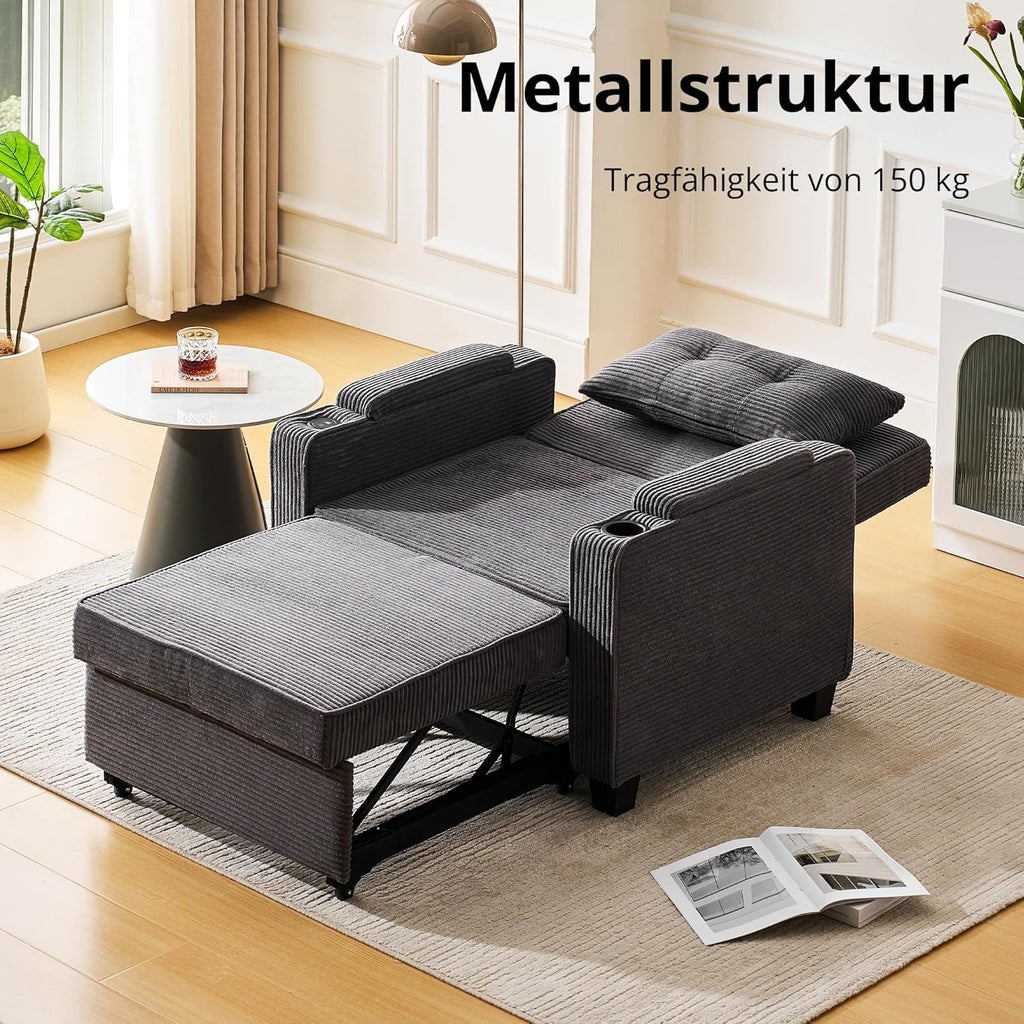 CLIPOP Schlafsofa, 3-in-1 Schlafsessel mit Bettfunktion, Ausziehbarer Sofa mit Schlaffunktion mit USB-C, 3-stufig Verstellbarer Rückenlehne (105°-160°), Stauraum & Getränkehalter (Cordsamt, Grau)