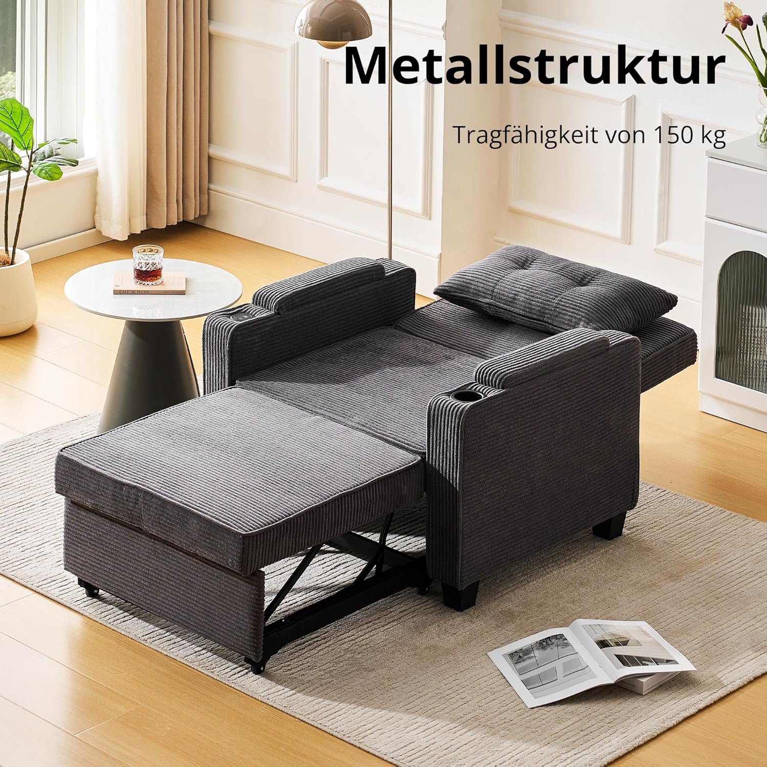 CLIPOP Schlafsofa, 3-in-1 Schlafsessel mit Bettfunktion, Ausziehbarer Sofa mit Schlaffunktion mit USB-C, 3-stufig Verstellbarer Rückenlehne (105°-160°), Stauraum & Getränkehalter (Cordsamt, Grau)