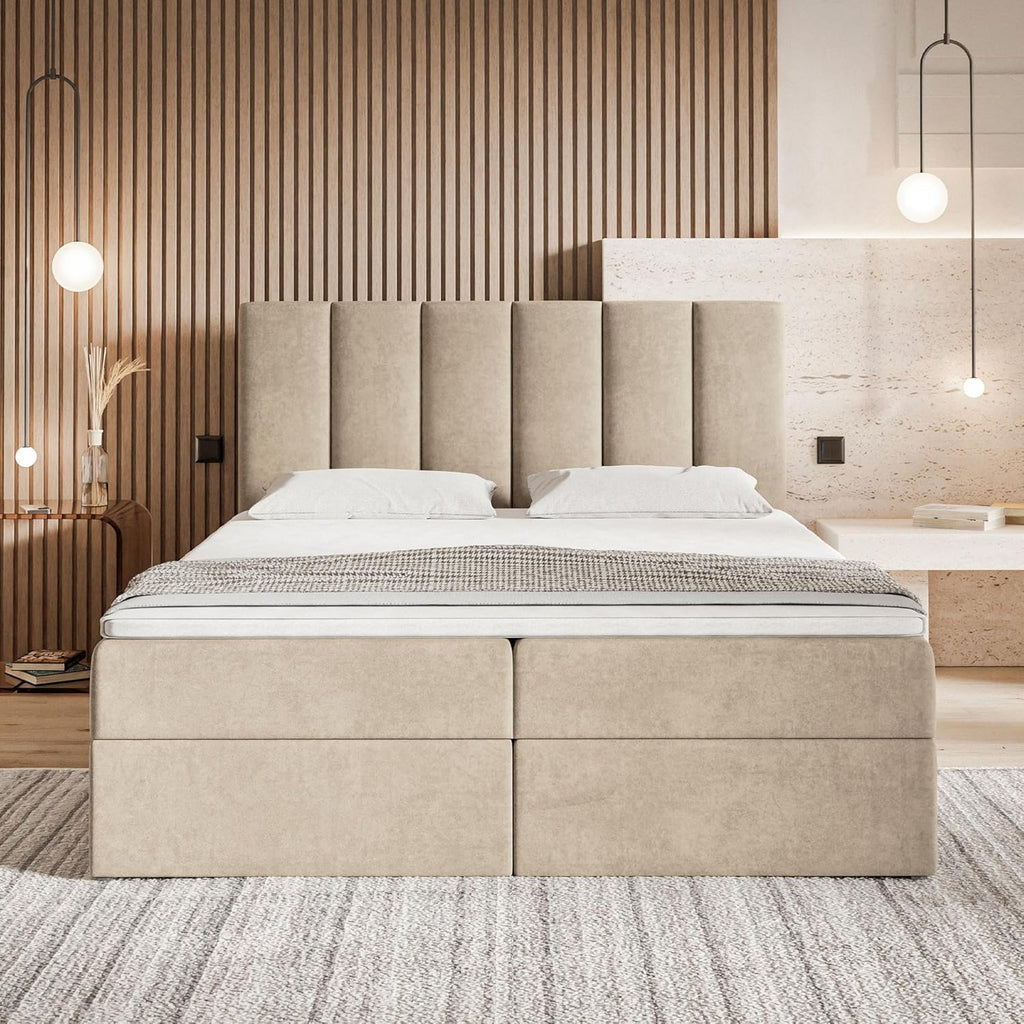 Santiago Boxspringbett 160x200 mit Bettkasten und Topper, Polsterbett 160x200 mit Bettkasten, Bonellfederkern-Matratze (H4), T28 Komfortschaumstoff Topper (H3), Samt, Beige