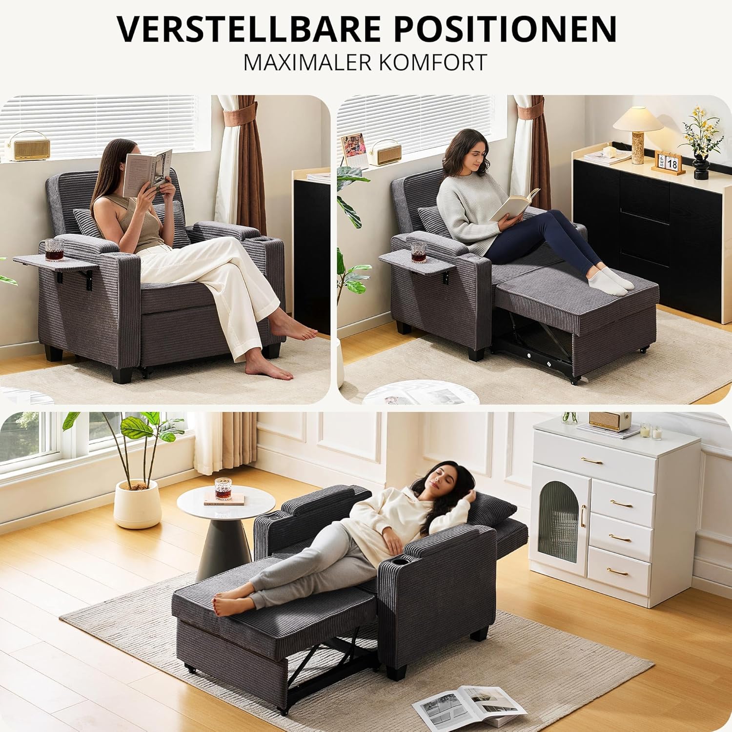 CLIPOP Schlafsofa, 3-in-1 Schlafsessel mit Bettfunktion, Ausziehbarer Sofa mit Schlaffunktion mit USB-C, 3-stufig Verstellbarer Rückenlehne (105°-160°), Stauraum & Getränkehalter (Cordsamt, Grau)