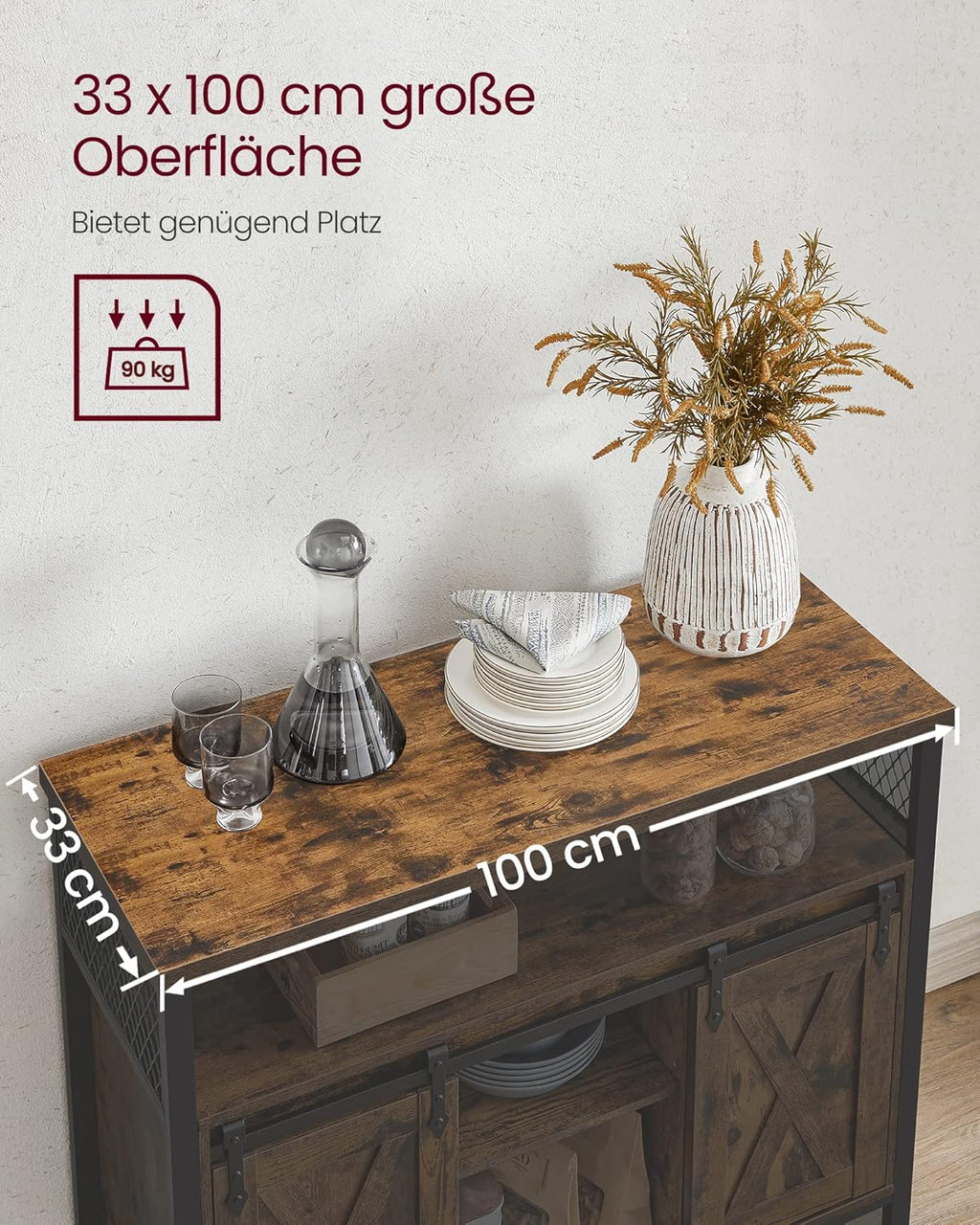 VASAGLE Sideboard, Küchenschrank, Aufbewahrungsschrank, mit 2 Schiebetüren, 33 x 100 x 80 cm, verstellbare Ablagen, Landhausstil, für Wohnzimmer, vintagebraun-schwarz LSC092B01