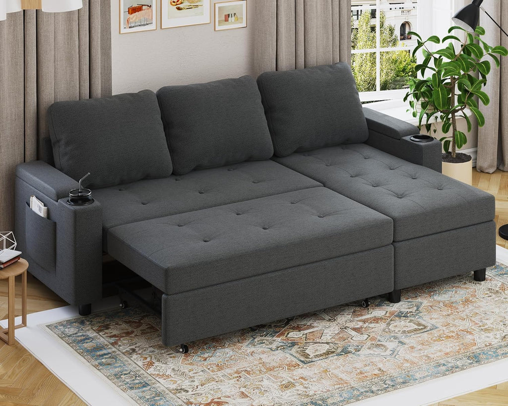 Devoko Ecksofa mit Schlaffunktion und Bettkasten 3 Sitzer Schlafsofa Ausziehbar L Form Couch klein Schlafcouch Wohnlandschaft für Wohnung und Wohnzimmer Dunkelgrau