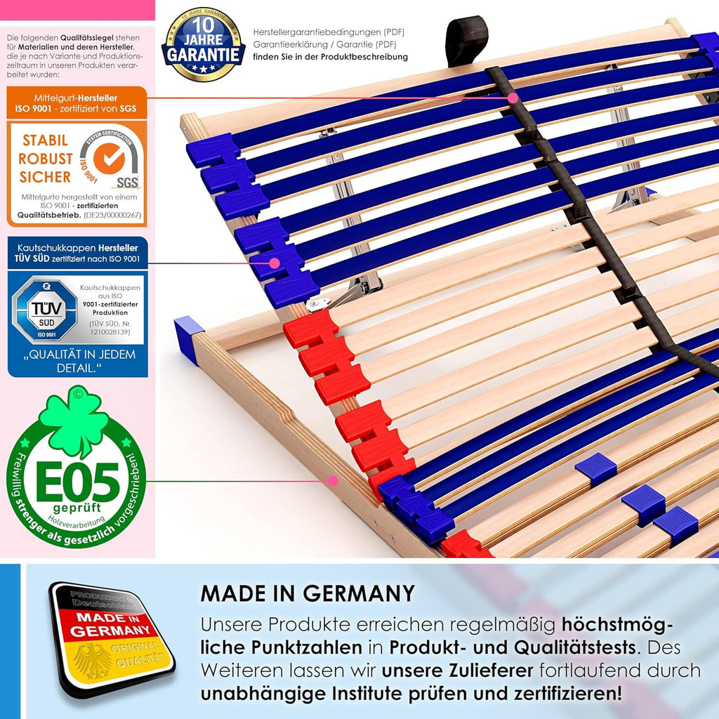 Stabiler Lattenrost 100% BUCHE Lattenrahmen - Kopfteil verstellbar - SCHULTERFRÄSUNG, 7 Zonen, 42 Federleisten, Härte-Regulierung, Mittelgurt - Vario Sleep Best 42® unmontiert (100x190cm)
