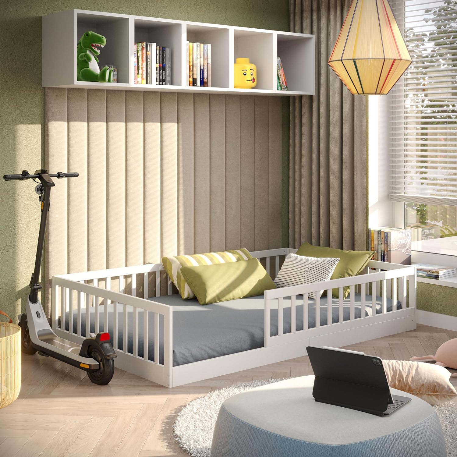 CADANI Timi Kinderbett 120x200 cm Bodenbett, Rausfallschutz abnehmbar, bis 200 kg belastbar, Roll-Lattenrost, Montessori Kiefer Massivholz Bett, 3 Aufbauvarianten, Umbaubar, Weiß