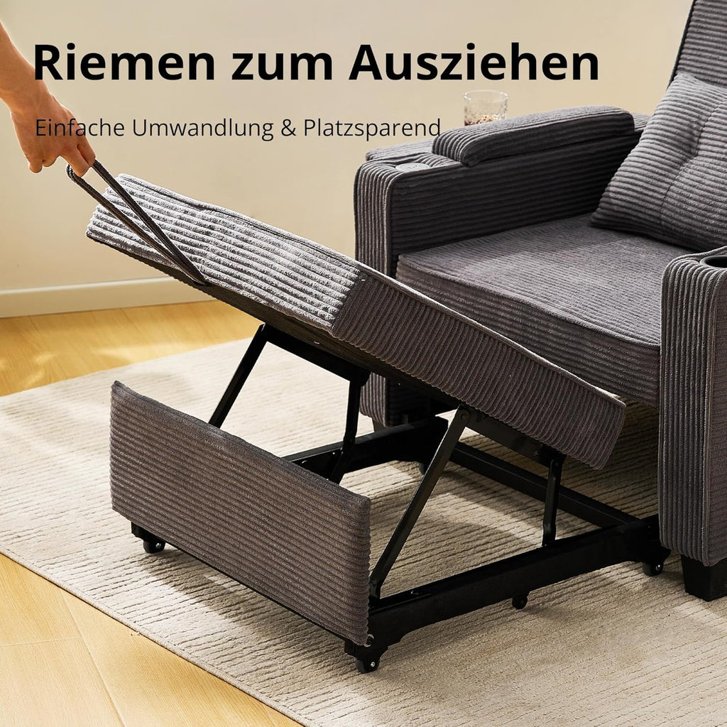 CLIPOP Schlafsofa, 3-in-1 Schlafsessel mit Bettfunktion, Ausziehbarer Sofa mit Schlaffunktion mit USB-C, 3-stufig Verstellbarer Rückenlehne (105°-160°), Stauraum & Getränkehalter (Cordsamt, Grau)