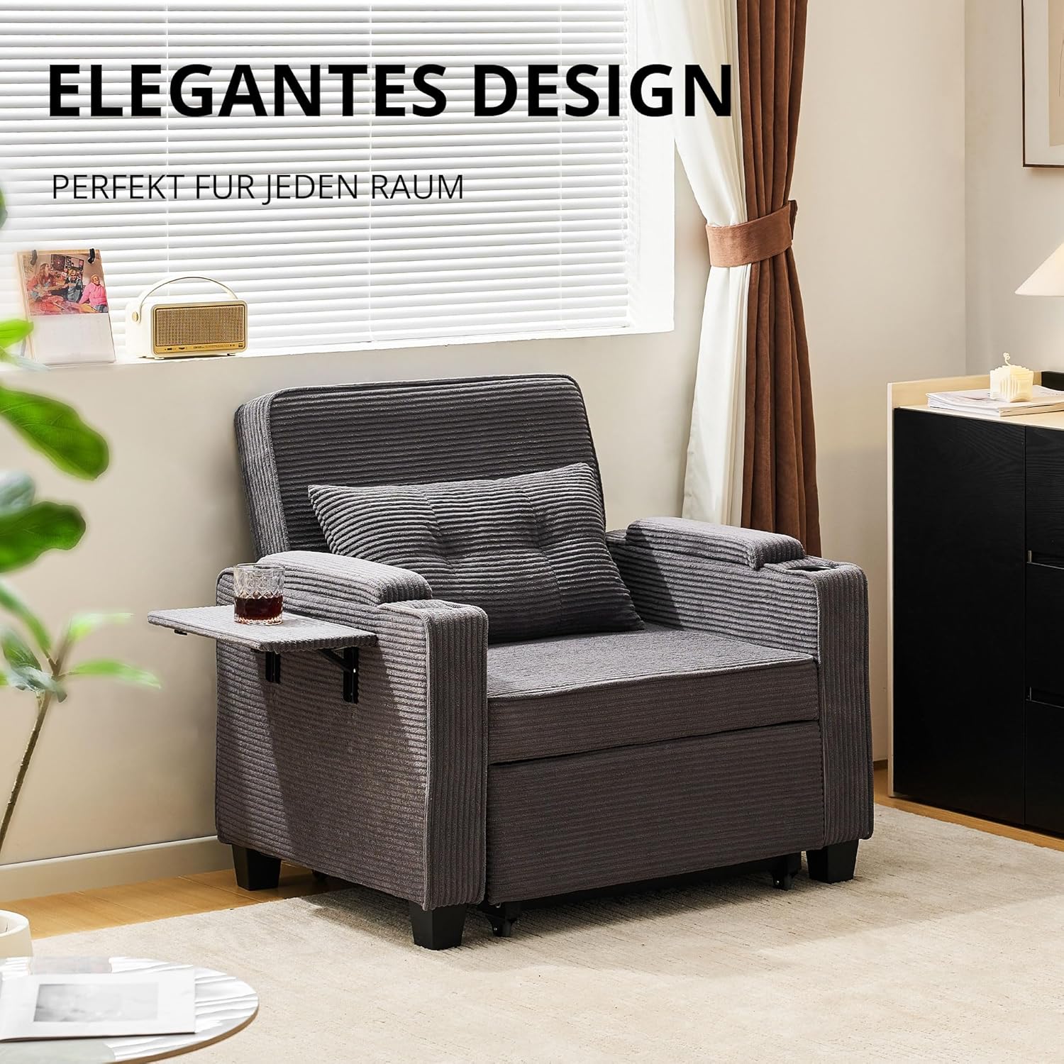 CLIPOP Schlafsofa, 3-in-1 Schlafsessel mit Bettfunktion, Ausziehbarer Sofa mit Schlaffunktion mit USB-C, 3-stufig Verstellbarer Rückenlehne (105°-160°), Stauraum & Getränkehalter (Cordsamt, Grau)