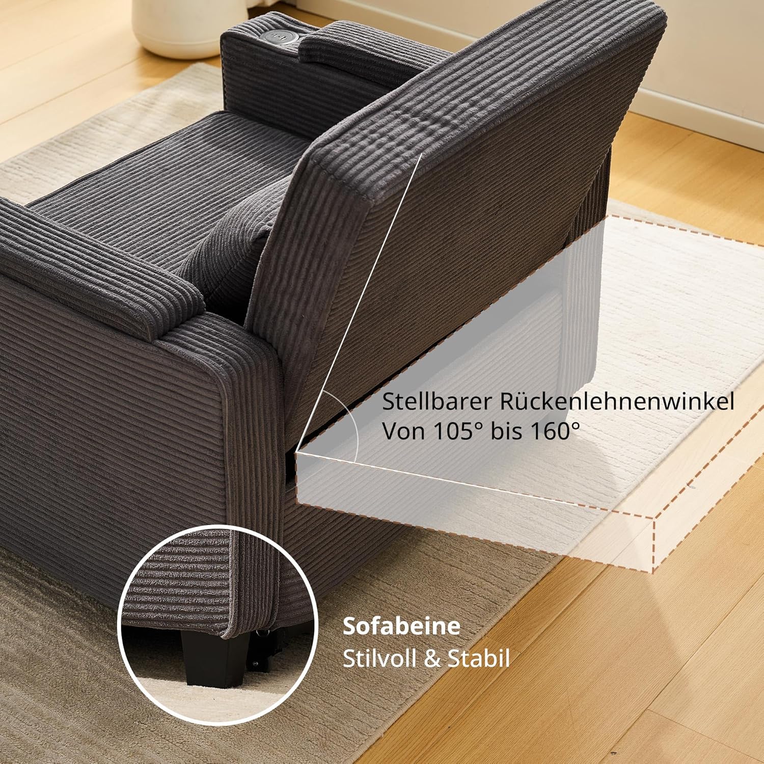 CLIPOP Schlafsofa, 3-in-1 Schlafsessel mit Bettfunktion, Ausziehbarer Sofa mit Schlaffunktion mit USB-C, 3-stufig Verstellbarer Rückenlehne (105°-160°), Stauraum & Getränkehalter (Cordsamt, Grau)