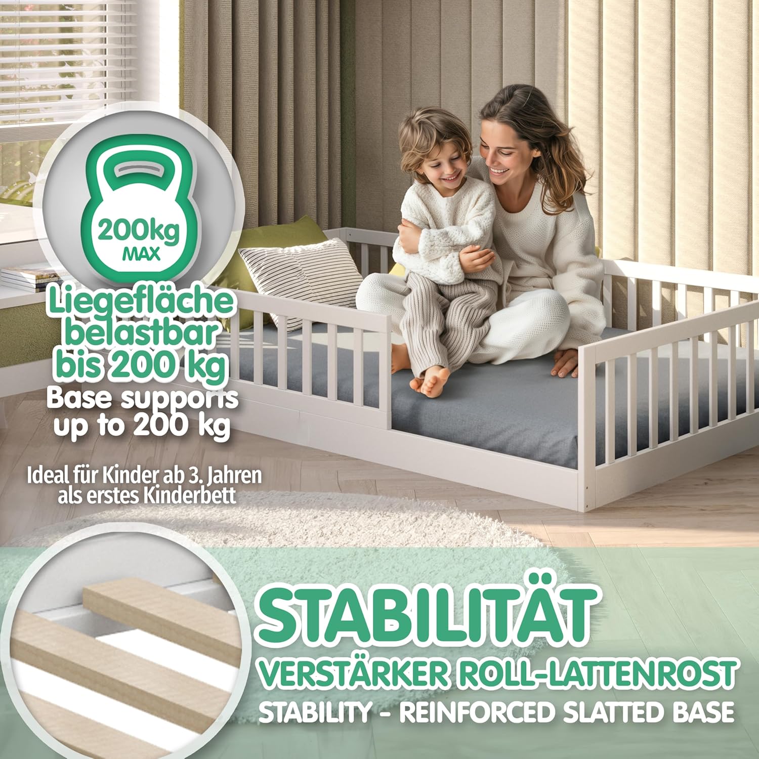 CADANI Timi Kinderbett 120x200 cm Bodenbett, Rausfallschutz abnehmbar, bis 200 kg belastbar, Roll-Lattenrost, Montessori Kiefer Massivholz Bett, 3 Aufbauvarianten, Umbaubar, Weiß