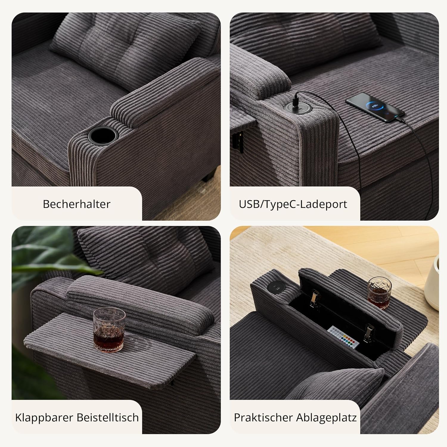CLIPOP Schlafsofa, 3-in-1 Schlafsessel mit Bettfunktion, Ausziehbarer Sofa mit Schlaffunktion mit USB-C, 3-stufig Verstellbarer Rückenlehne (105°-160°), Stauraum & Getränkehalter (Cordsamt, Grau)