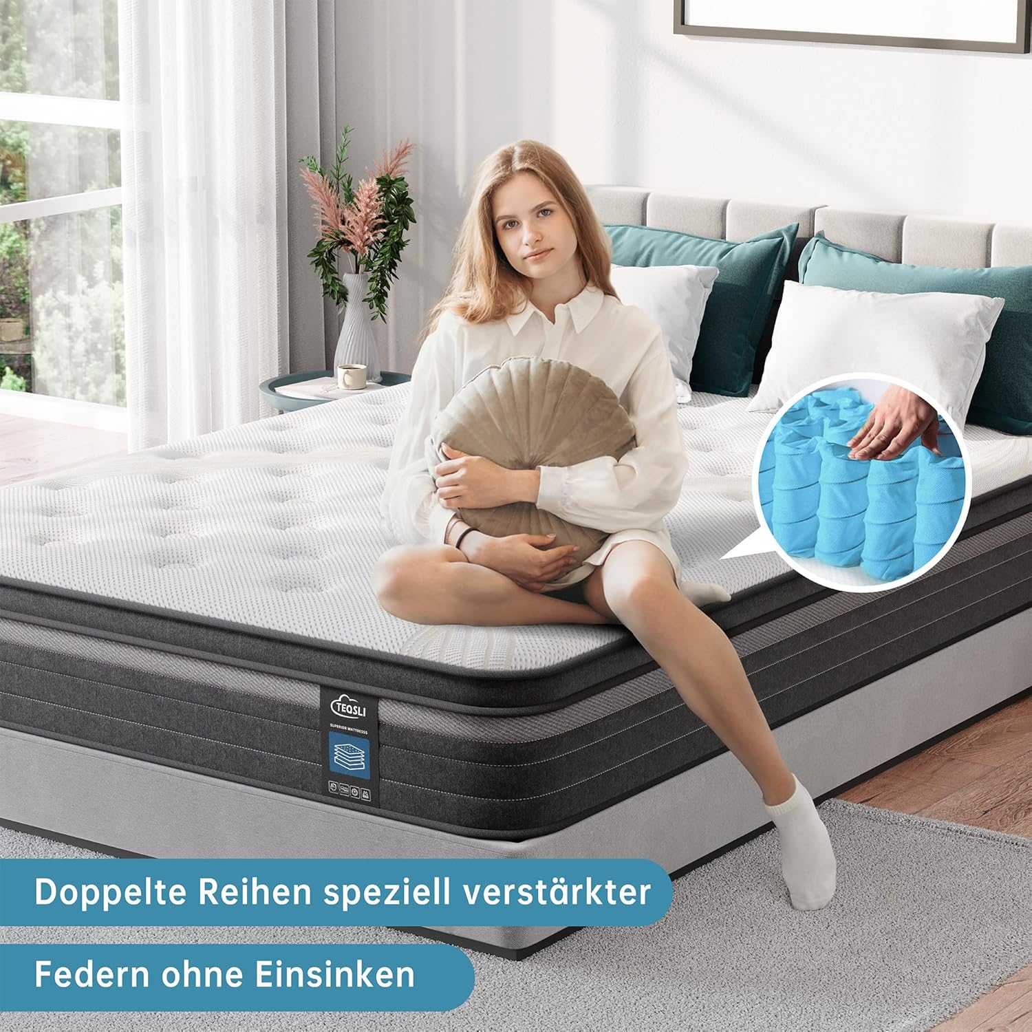 TeQsli Gel Taschenfederkernmatratze 140x200 cm 25 cm Höhe 9-Zonen Matratze H3 H4 Härtegrad, Orthopädische & Ergonomische Federkernmatratze mit Gel-Memory-Schaum, Öko-Tex & CertiPUR Zertifiziert