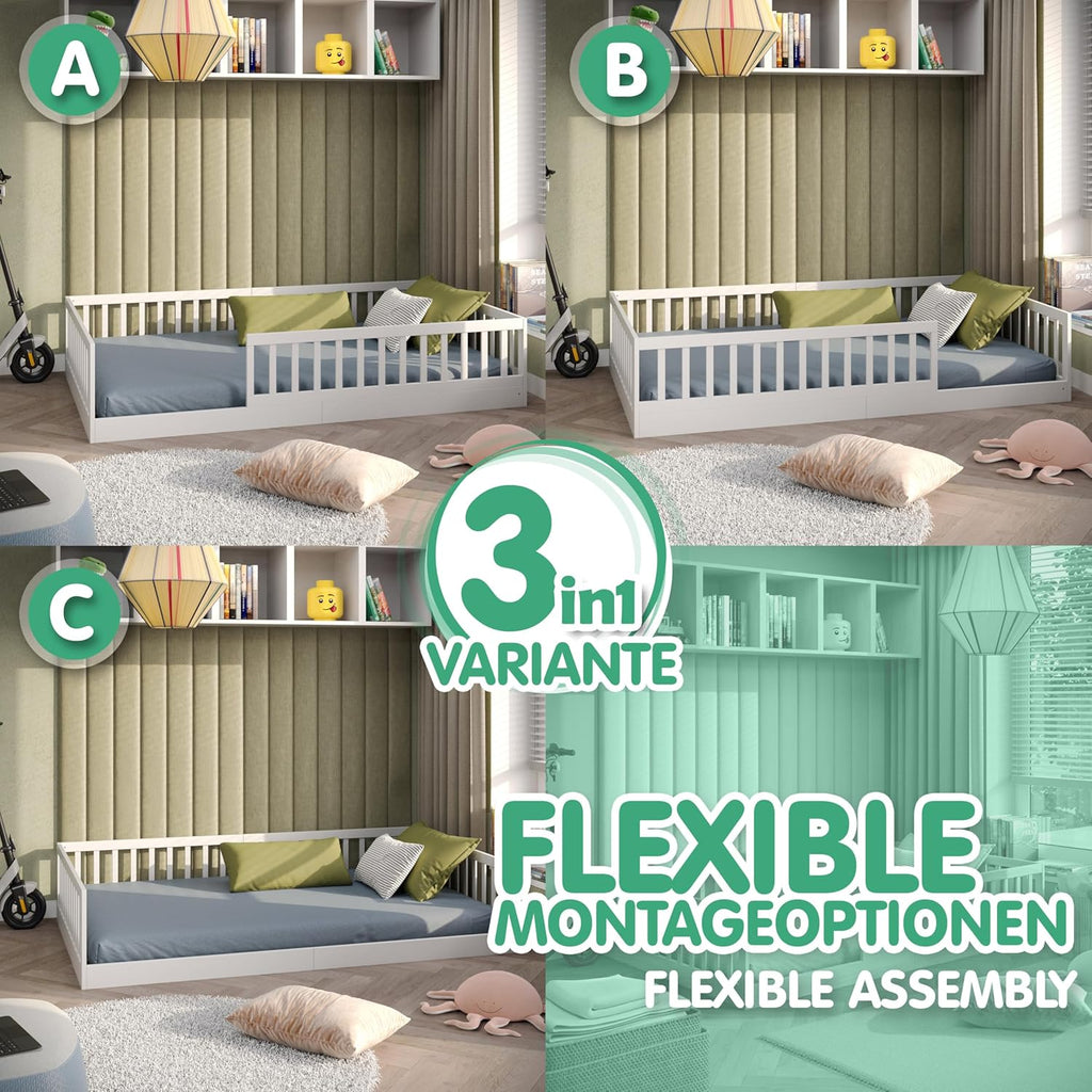 CADANI Timi Kinderbett 120x200 cm Bodenbett, Rausfallschutz abnehmbar, bis 200 kg belastbar, Roll-Lattenrost, Montessori Kiefer Massivholz Bett, 3 Aufbauvarianten, Umbaubar, Weiß