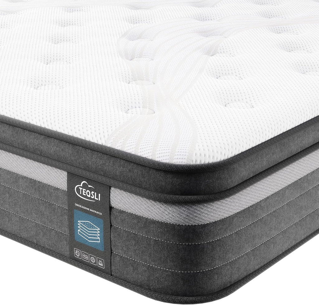TeQsli Gel Taschenfederkernmatratze 140x200 cm 25 cm Höhe 9-Zonen Matratze H3 H4 Härtegrad, Orthopädische & Ergonomische Federkernmatratze mit Gel-Memory-Schaum, Öko-Tex & CertiPUR Zertifiziert
