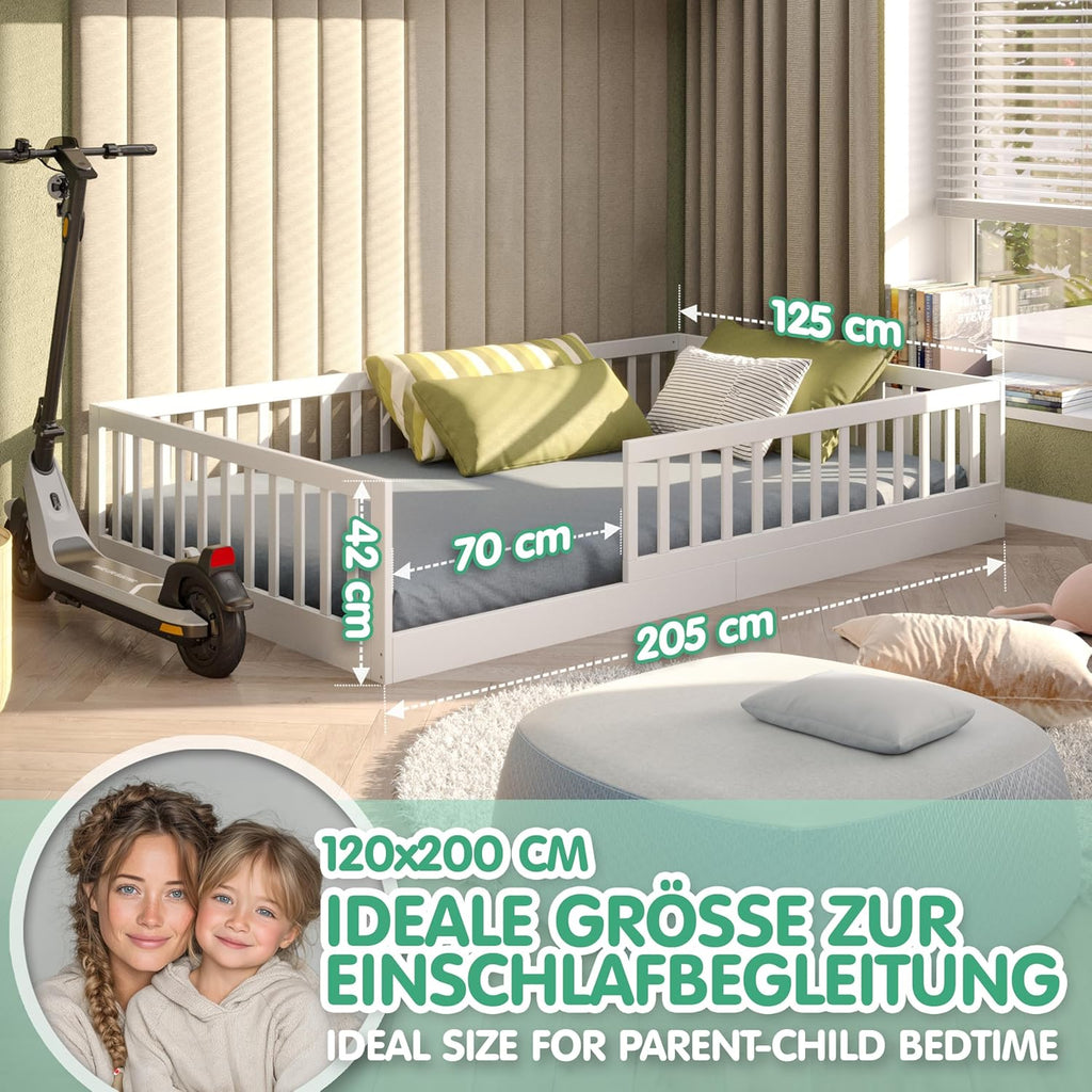 CADANI Timi Kinderbett 120x200 cm Bodenbett, Rausfallschutz abnehmbar, bis 200 kg belastbar, Roll-Lattenrost, Montessori Kiefer Massivholz Bett, 3 Aufbauvarianten, Umbaubar, Weiß