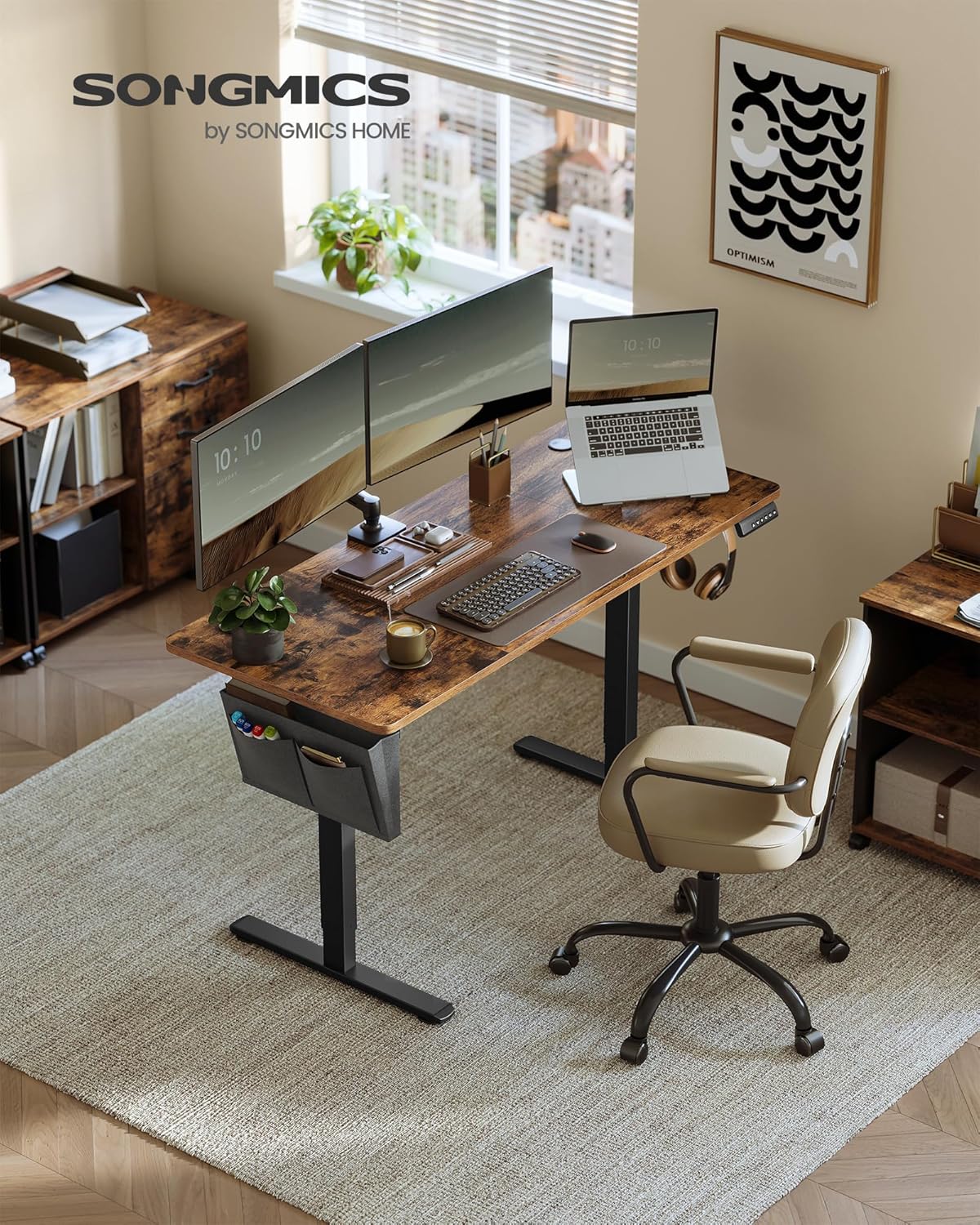 SONGMICS Höhenverstellbarer Schreibtisch elektrisch, 140 x 60 cm, stufenlos verstellbar, Memory-Funktion mit 4 Höhen, vintagebraun LSD134K01