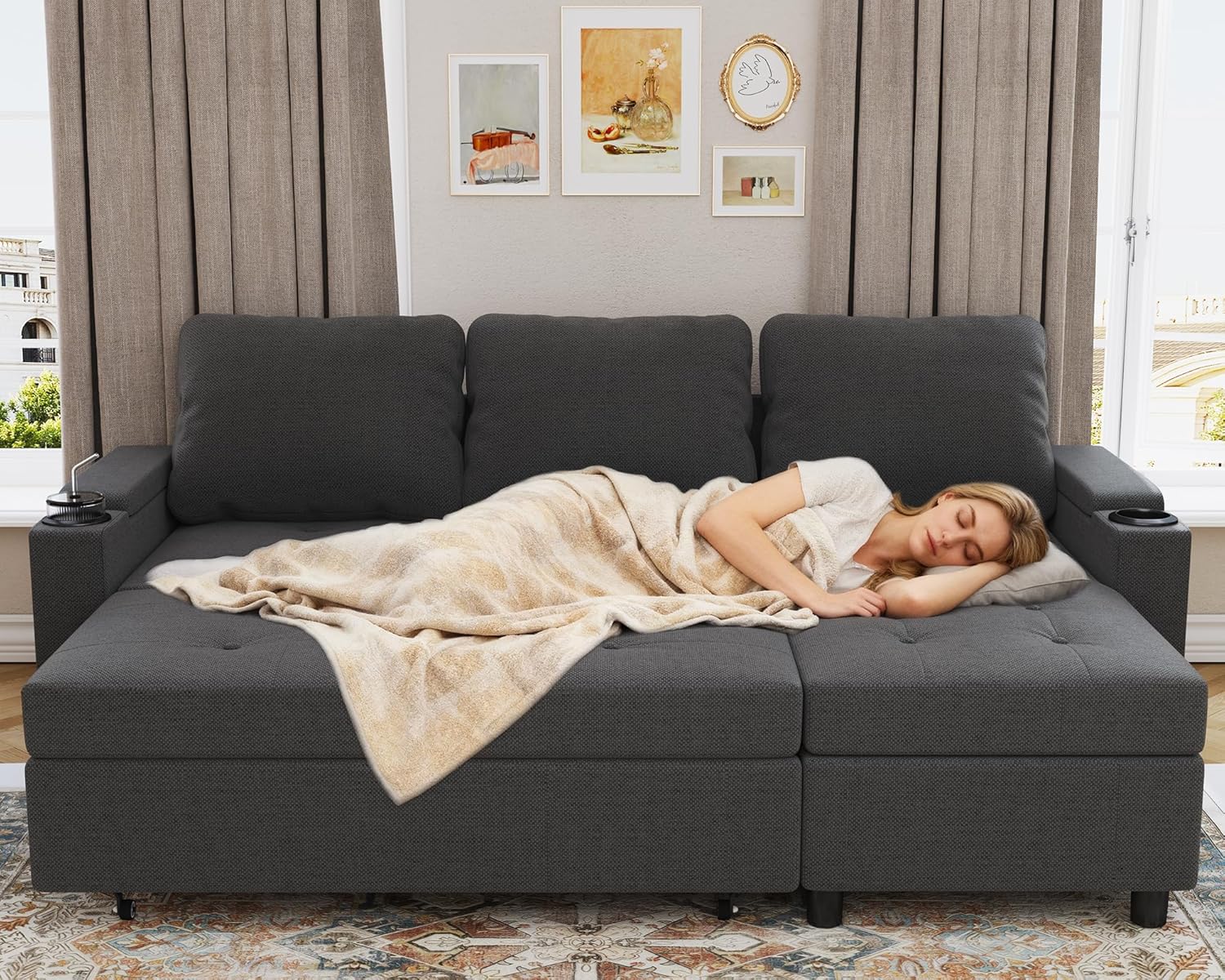 Devoko Ecksofa mit Schlaffunktion und Bettkasten 3 Sitzer Schlafsofa Ausziehbar L Form Couch klein Schlafcouch Wohnlandschaft für Wohnung und Wohnzimmer Dunkelgrau