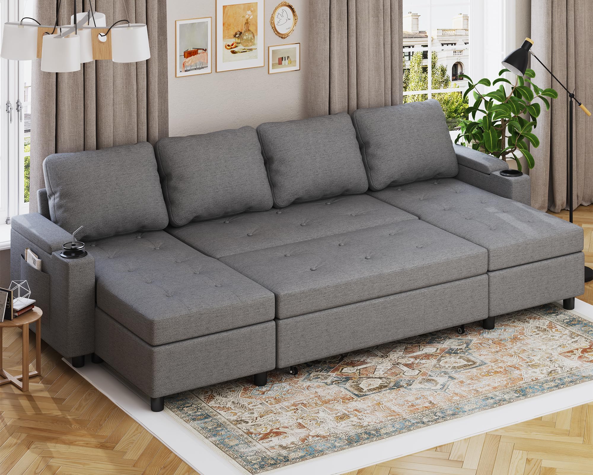 Devoko Ecksofa mit Schlaffunktion und Bettkasten 3 Sitzer Schlafsofa Ausziehbar L Form Couch klein Schlafcouch Wohnlandschaft für Wohnung und Wohnzimmer Dunkelgrau