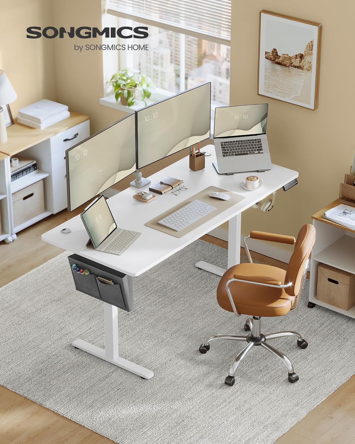 SONGMICS Höhenverstellbarer Schreibtisch elektrisch, 160 x 70 cm, stufenlos verstellbar, Memory-Funktion mit 4 Höhen, wolkenweiß LSD136W01