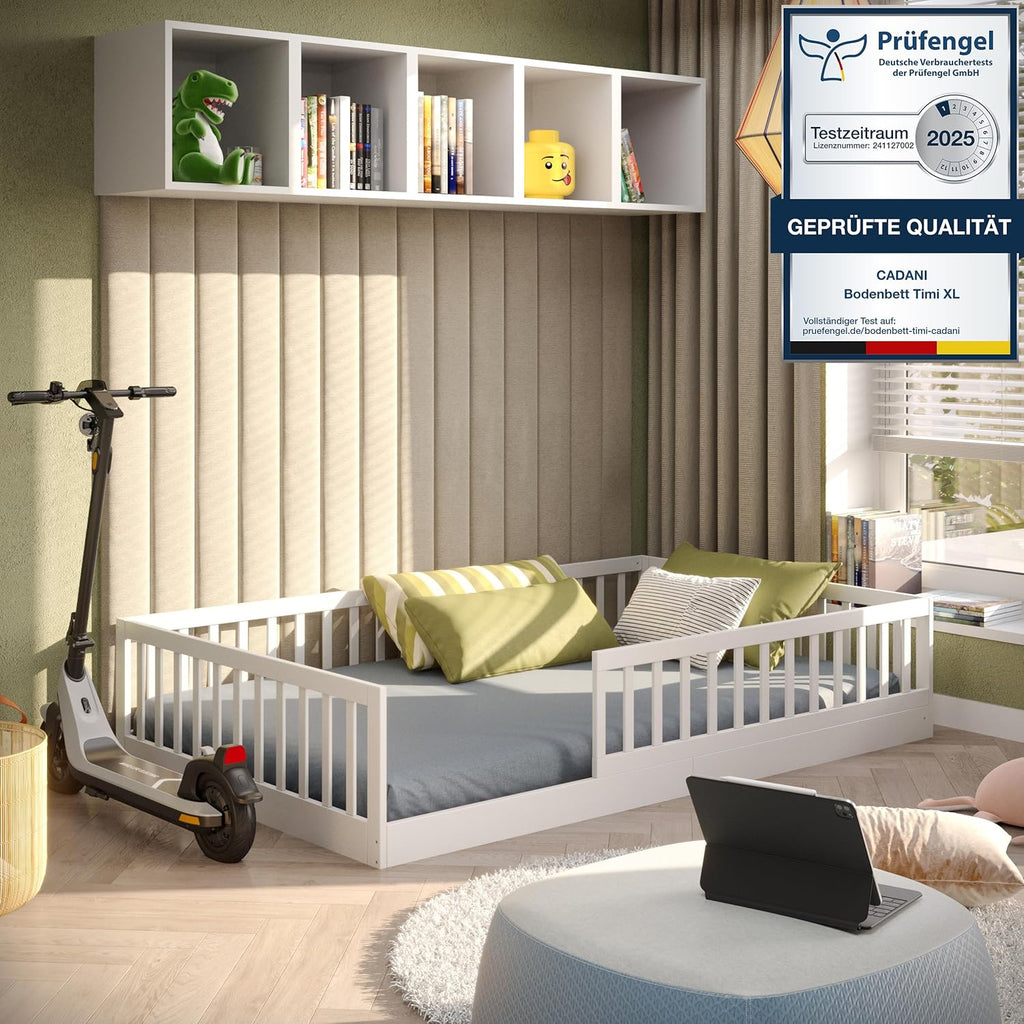 CADANI Timi Kinderbett 120x200 cm Bodenbett, Rausfallschutz abnehmbar, bis 200 kg belastbar, Roll-Lattenrost, Montessori Kiefer Massivholz Bett, 3 Aufbauvarianten, Umbaubar, Weiß